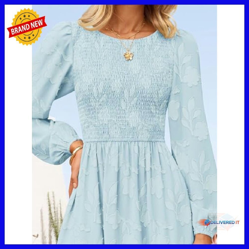 Boho Floral Midi Dress Long Sleeve Crewneck A-Line Fall Wedding Guest - Picture 6 of 8